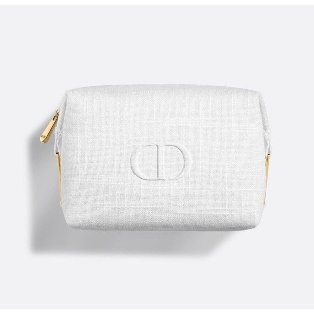 Dior White Quilted Zipper Cosmetic Makeup Bag Pouch CD Logo with Dior Box